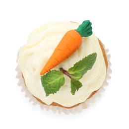 Photo of Delicious carrot cupcake with mint isolated on white, top view