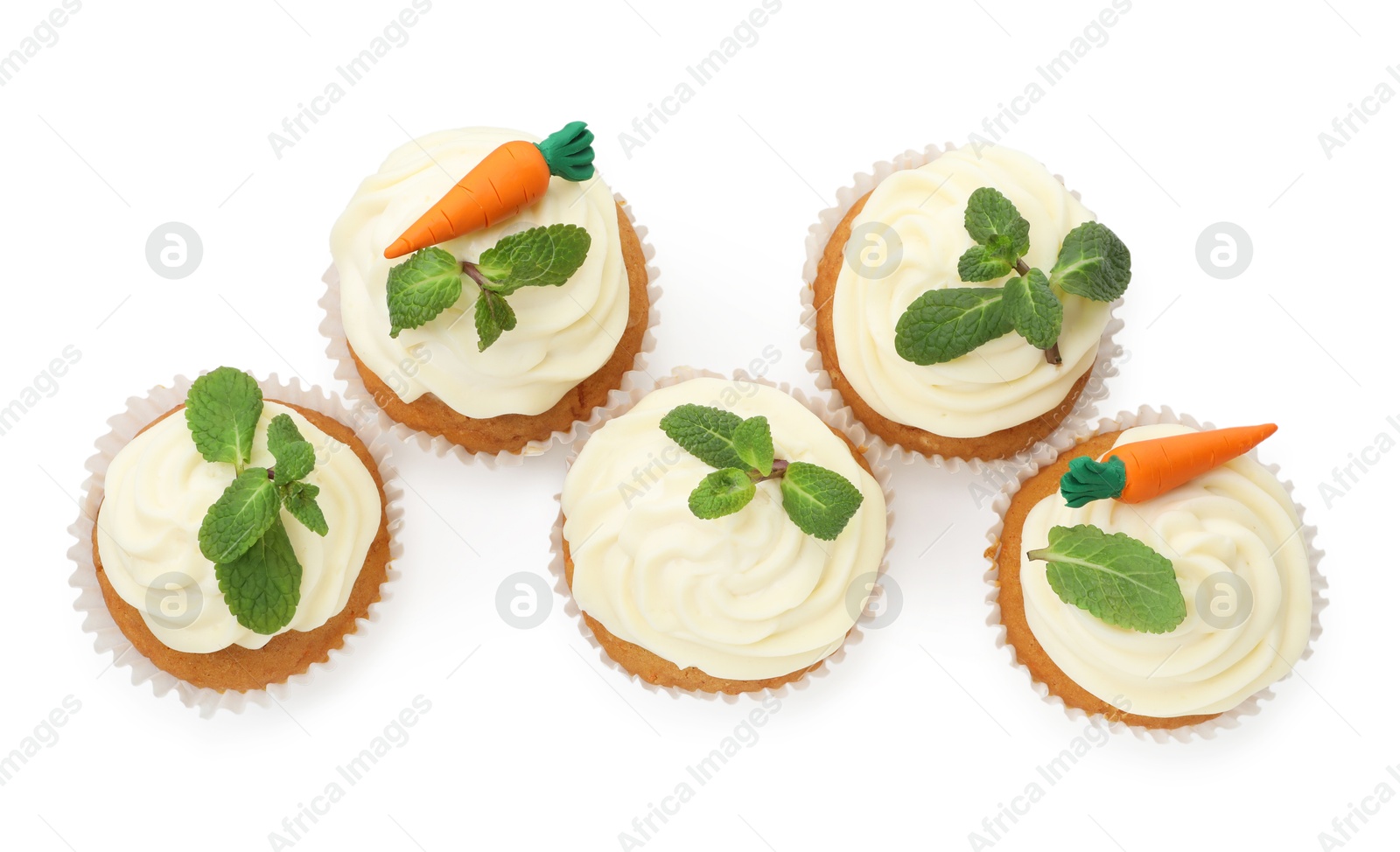 Photo of Delicious carrot cupcakes with mint isolated on white, top view