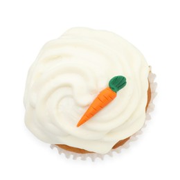 Photo of One delicious carrot cupcake isolated on white, top view