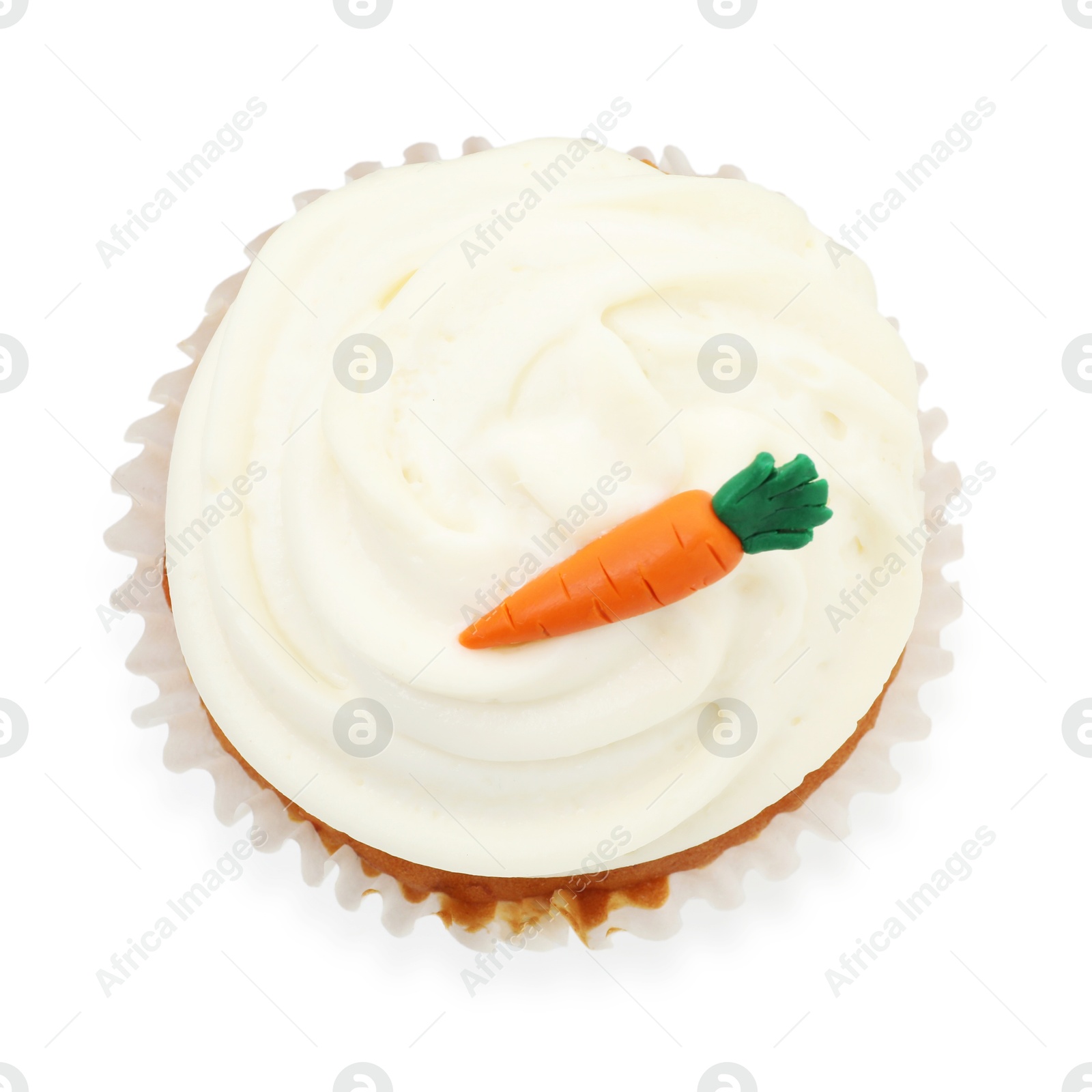 Photo of One delicious carrot cupcake isolated on white, top view