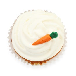 Photo of One delicious carrot cupcake isolated on white, top view