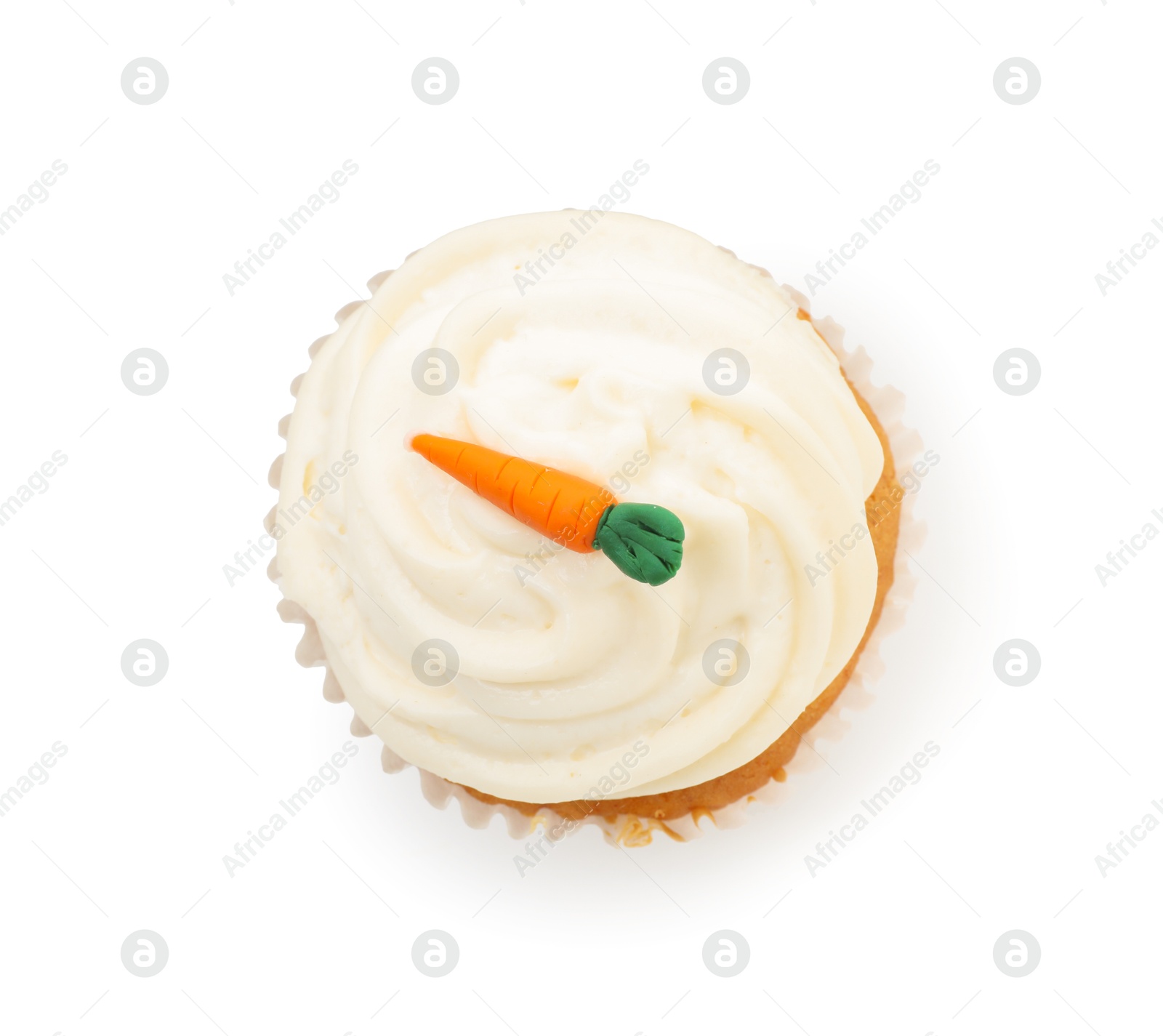 Photo of One delicious carrot cupcake isolated on white, top view