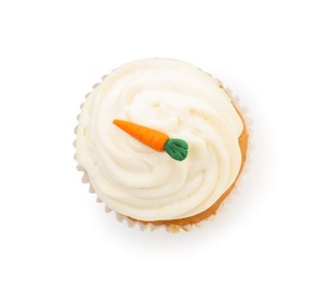 Photo of One delicious carrot cupcake isolated on white, top view