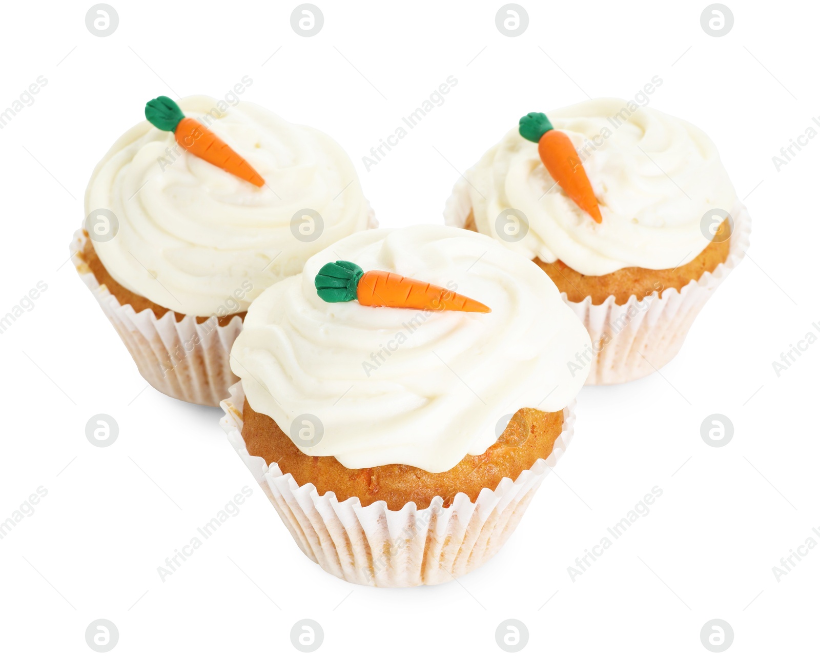 Photo of Delicious carrot cupcakes isolated on white. Yummy dessert