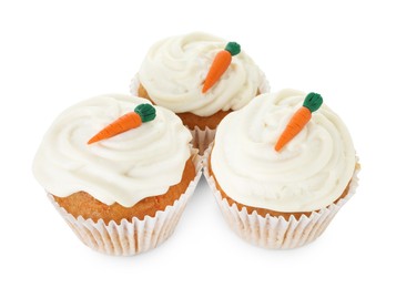 Photo of Delicious carrot cupcakes isolated on white. Yummy dessert