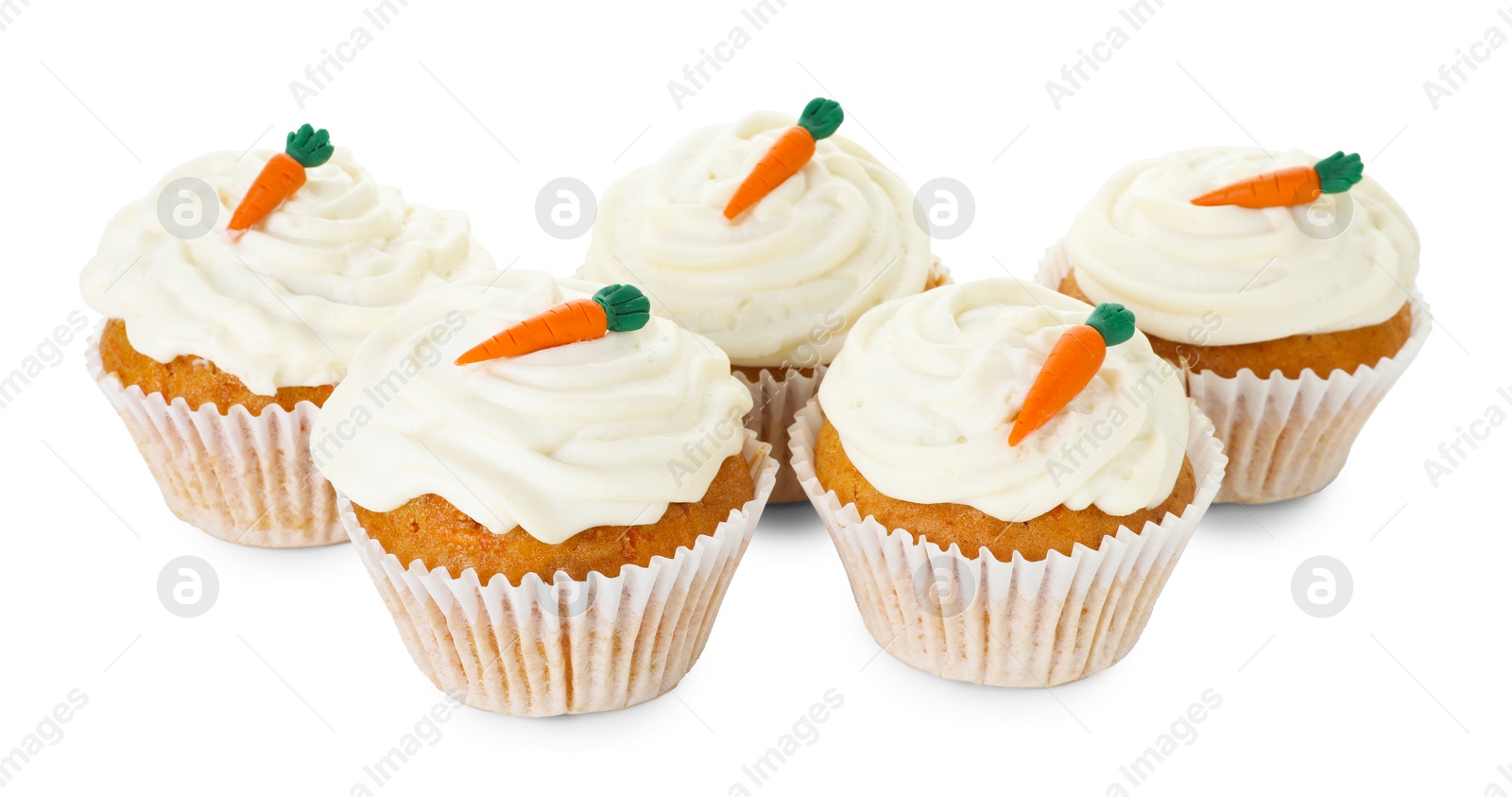 Photo of Delicious carrot cupcakes isolated on white. Yummy dessert