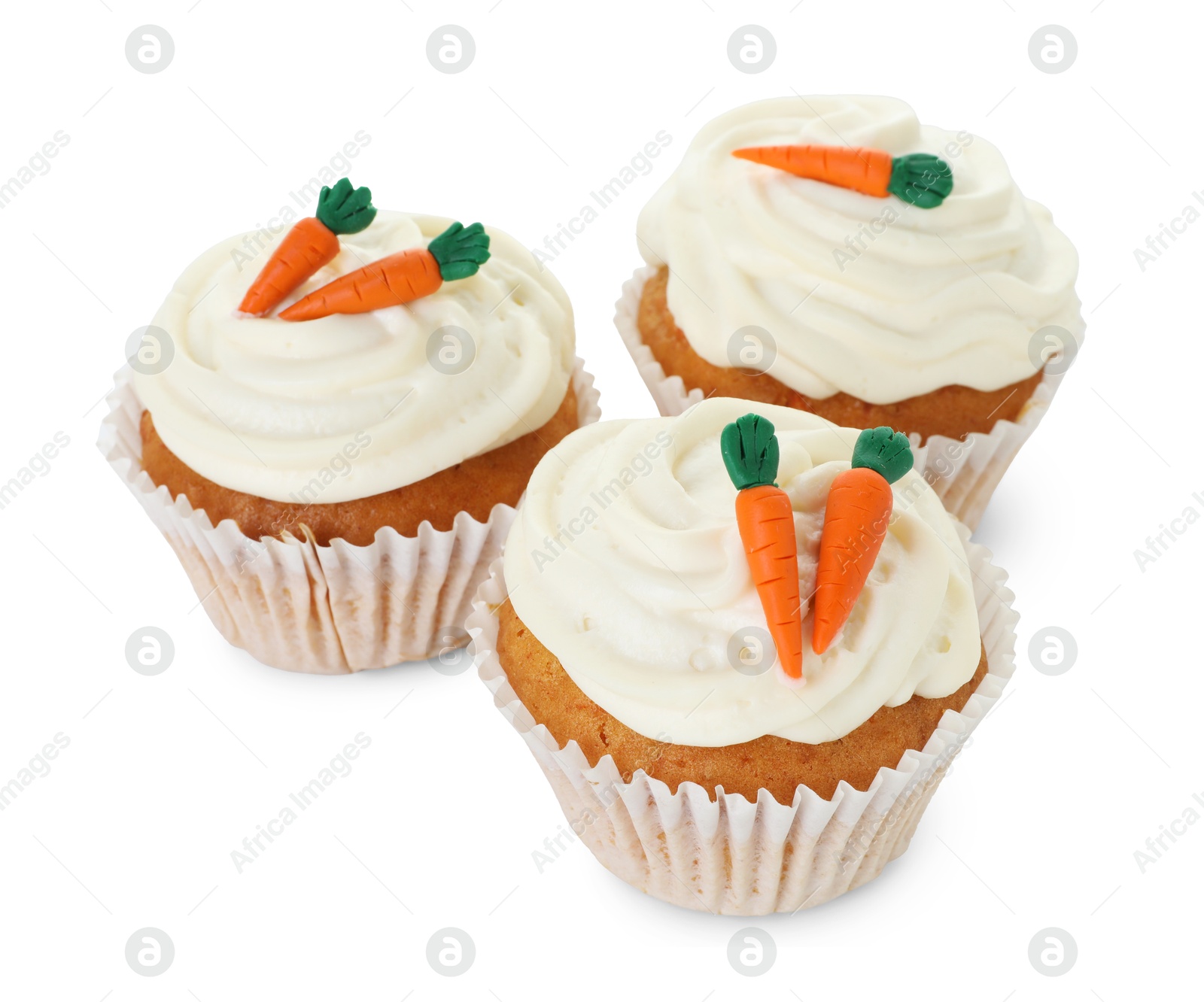 Photo of Delicious carrot cupcakes isolated on white. Yummy dessert