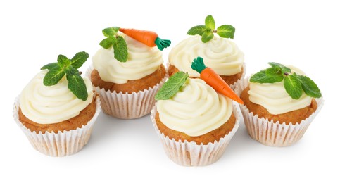 Photo of Delicious carrot cupcakes with mint isolated on white