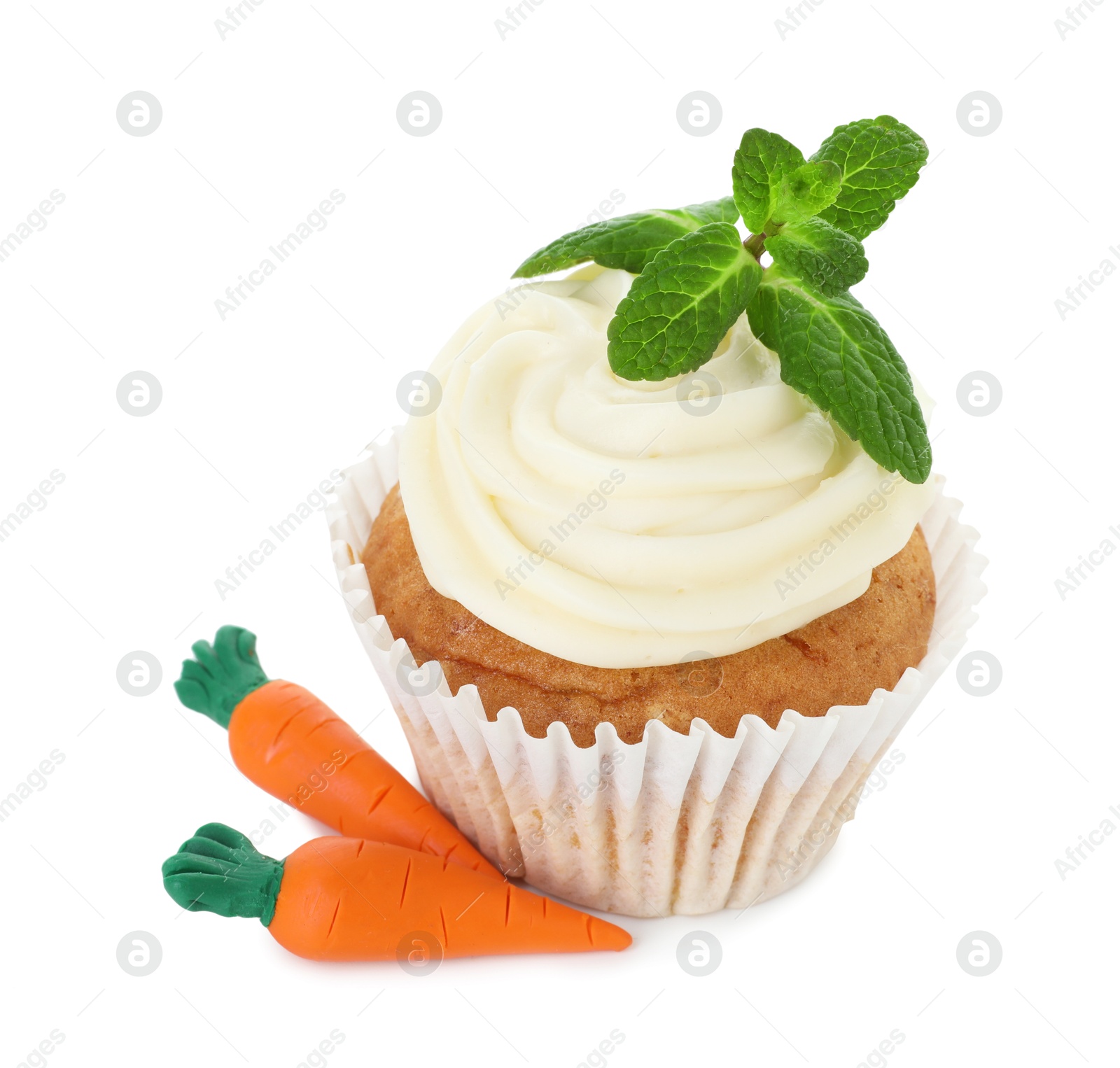 Photo of Delicious carrot cupcake with mint isolated on white