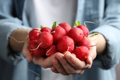 Photo of Woman with pile of fresh radishes, closeup
