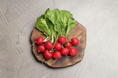 Photo of Many fresh radishes on grey textured table, top view
