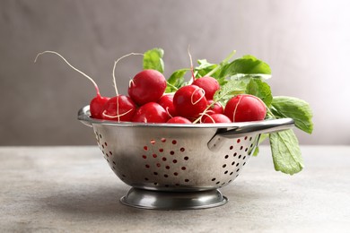 Photo of Many fresh radishes on grey textured table, closeup