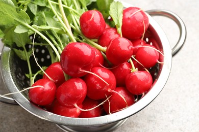 Photo of Many fresh radishes on grey textured table, closeup