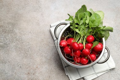 Photo of Many fresh radishes on grey textured table, top view. Space for text