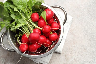 Photo of Many fresh radishes on grey textured table, top view. Space for text