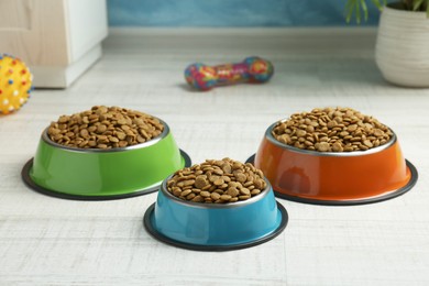 Dry pet food in feeding bowls and toys on floor indoors