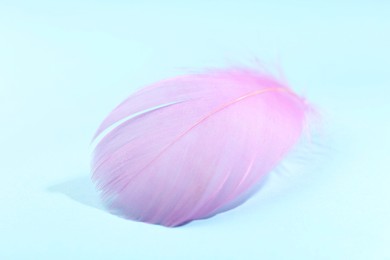 Fluffy pink feather on light blue background, closeup