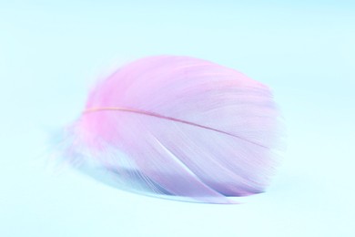 Fluffy pink feather on light blue background, closeup