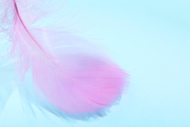 Photo of Fluffy pink feather on light blue background, closeup. Space for text