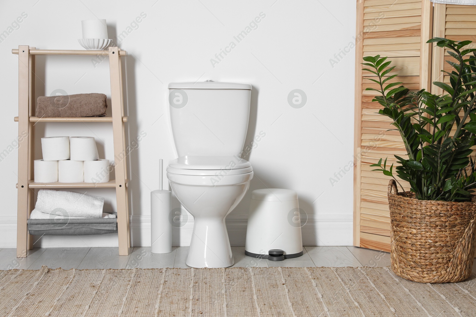 Photo of Folding screen, toilet bowl and houseplant in restroom. Interior design