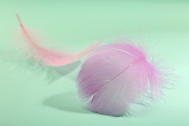 Photo of Fluffy pink feathers on light turquoise background, closeup