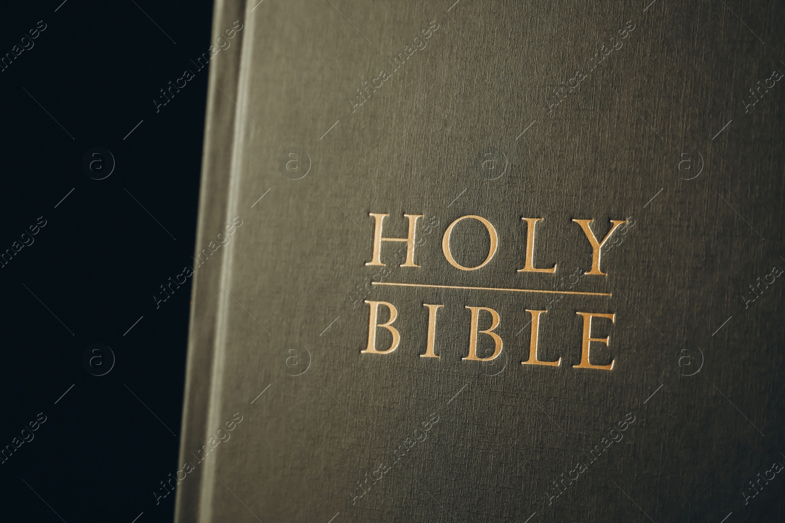 Photo of Hardcover Holy Bible on black background, closeup