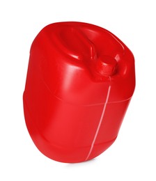 One red plastic canister in air on white background