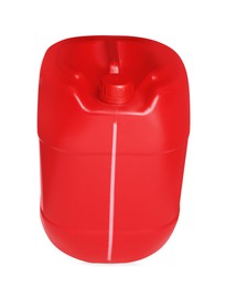 One red plastic canister in air on white background