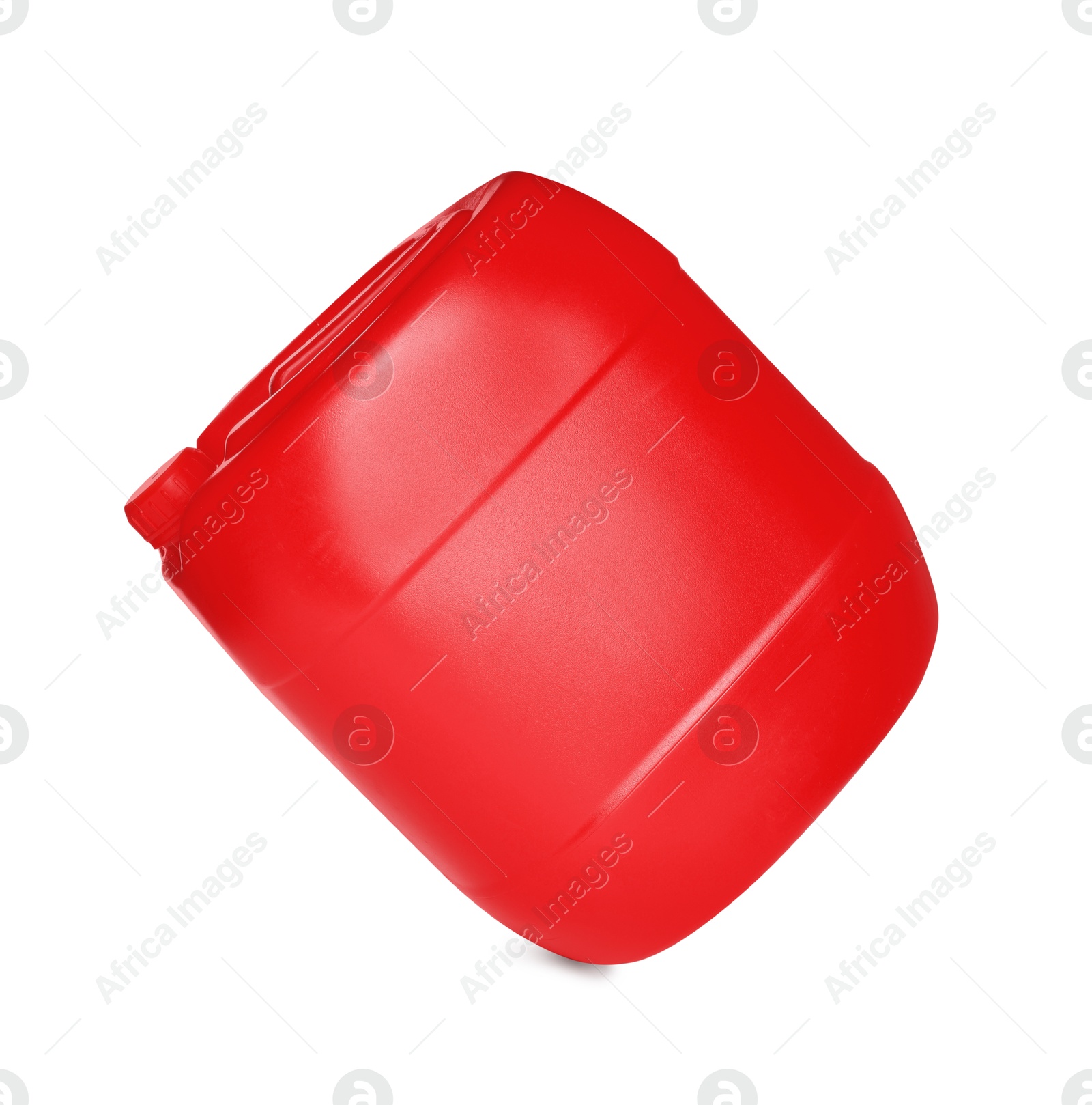 Photo of One red plastic canister in air on white background