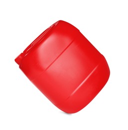 One red plastic canister in air on white background