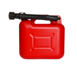 Photo of One red plastic canister with spout on white background