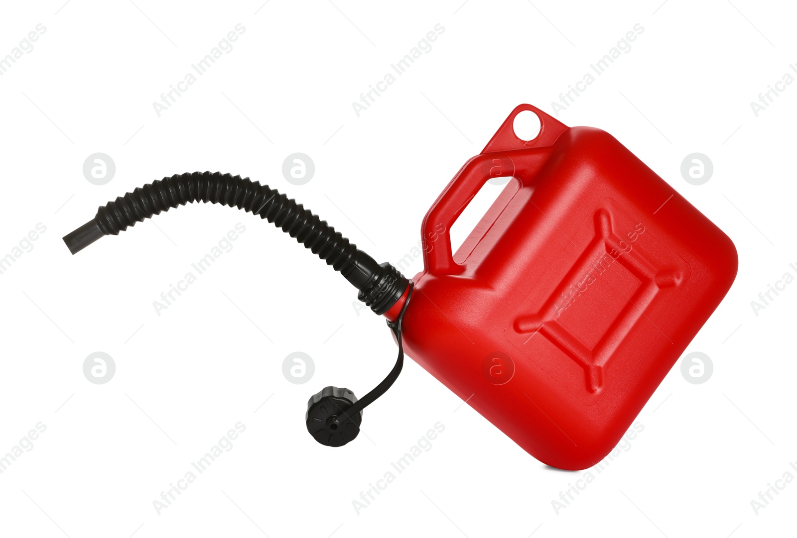 Photo of One red plastic canister with spout in air on white background