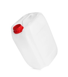 Photo of One plastic canister in air on white background