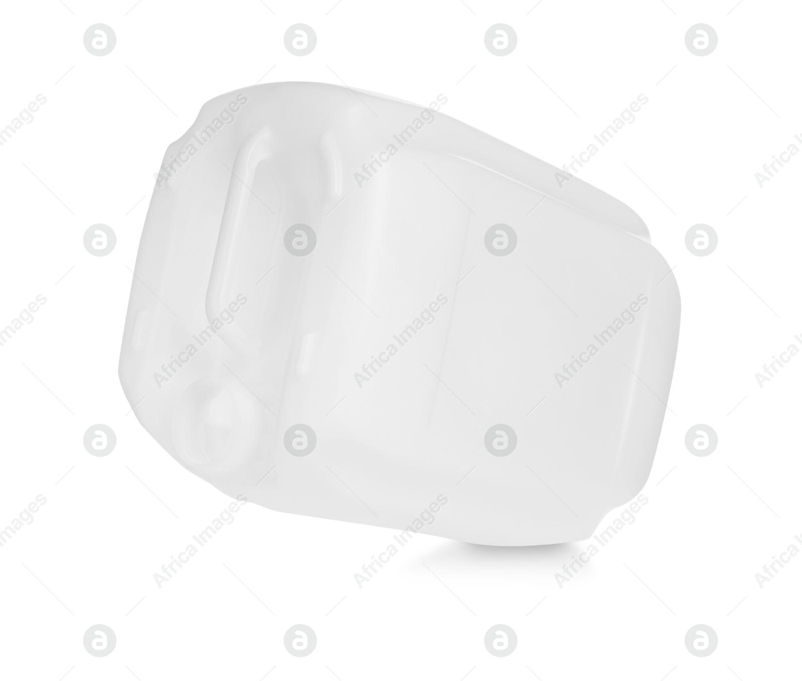 Photo of One plastic canister in air on white background