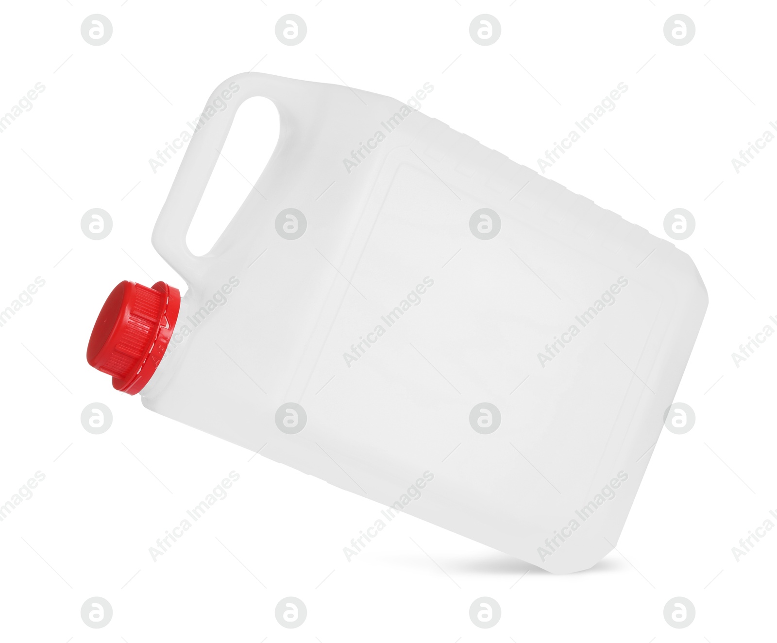 Photo of One plastic canister in air on white background