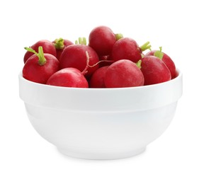 Photo of Fresh ripe radishes in bowl isolated on white