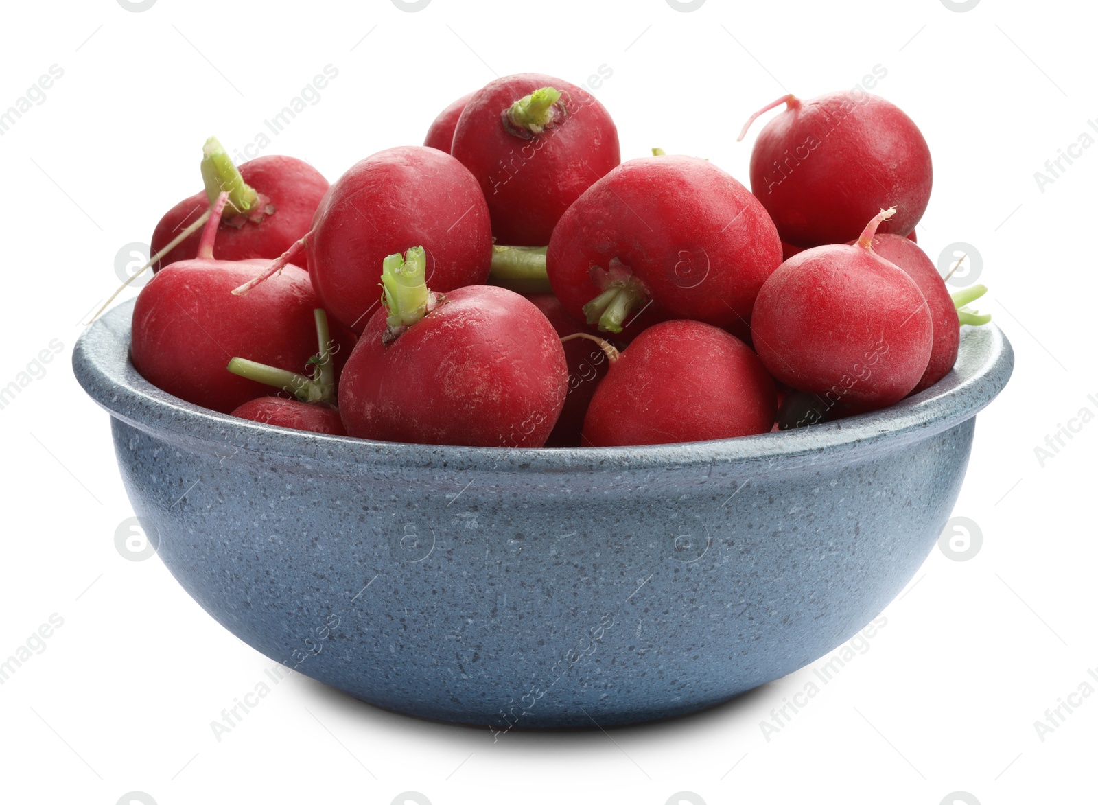 Photo of Fresh ripe radishes in bowl isolated on white