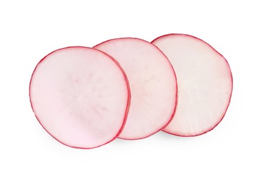 Photo of Slices of fresh radish isolated on white, top view