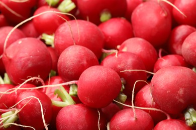 Photo of Many fresh radishes as background, closeup view