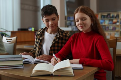 Students studying together at desk in public library