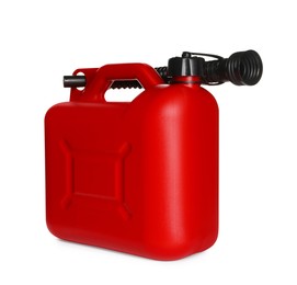 Photo of One red plastic canister with spout on white background