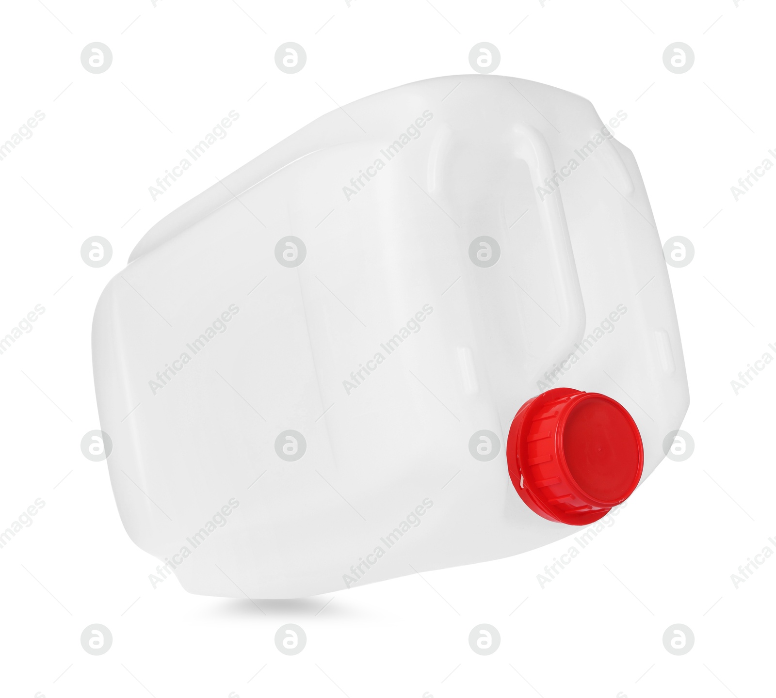 Photo of One plastic canister in air on white background