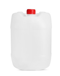 Photo of One plastic canister with cap on white background