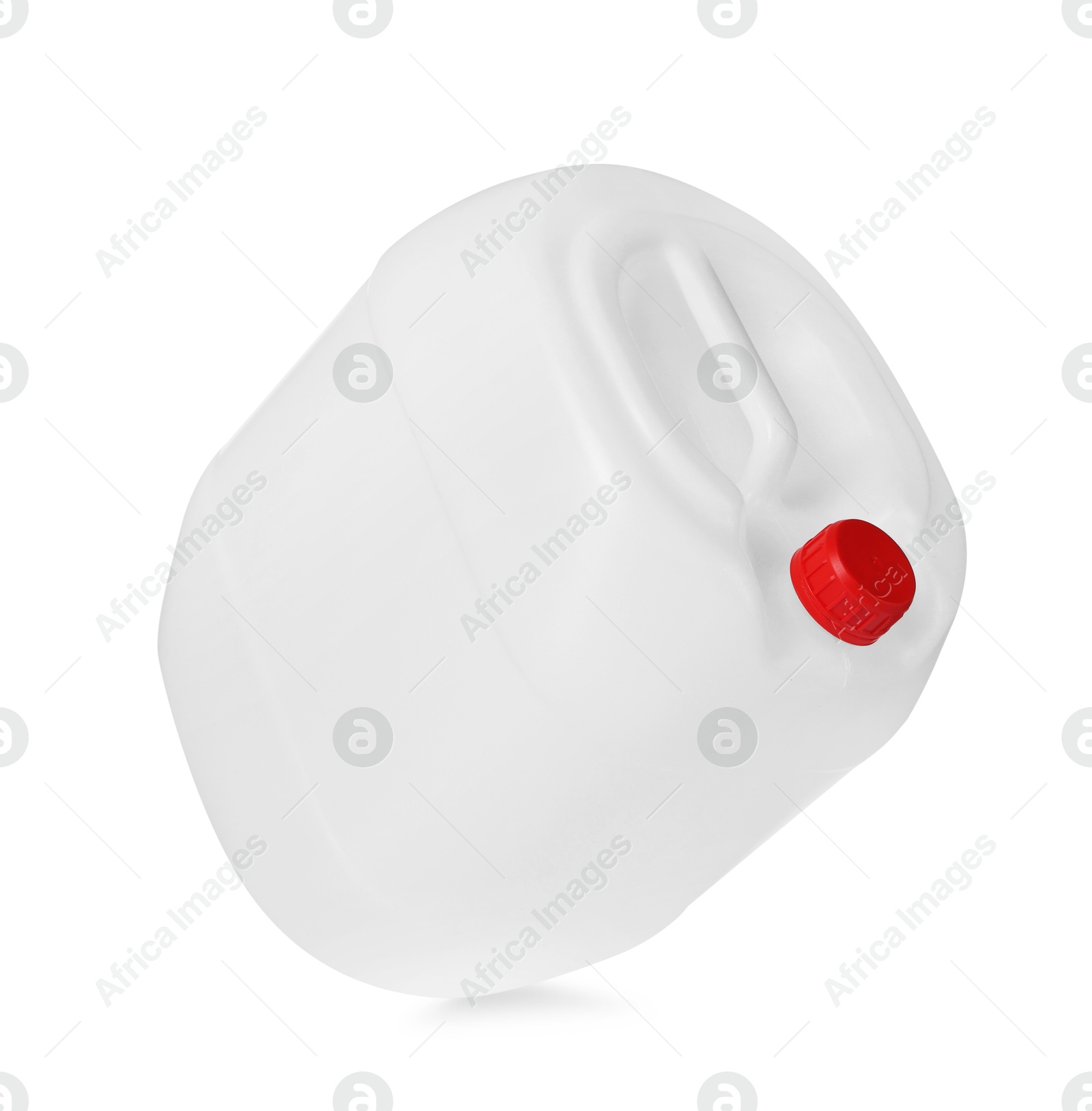 Photo of One plastic canister in air on white background