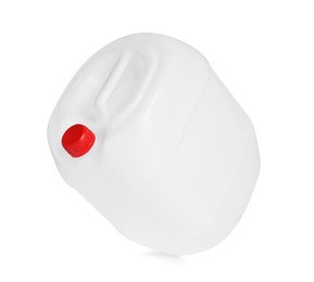 Photo of One plastic canister in air on white background