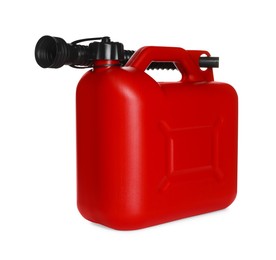 One red plastic canister with spout on white background