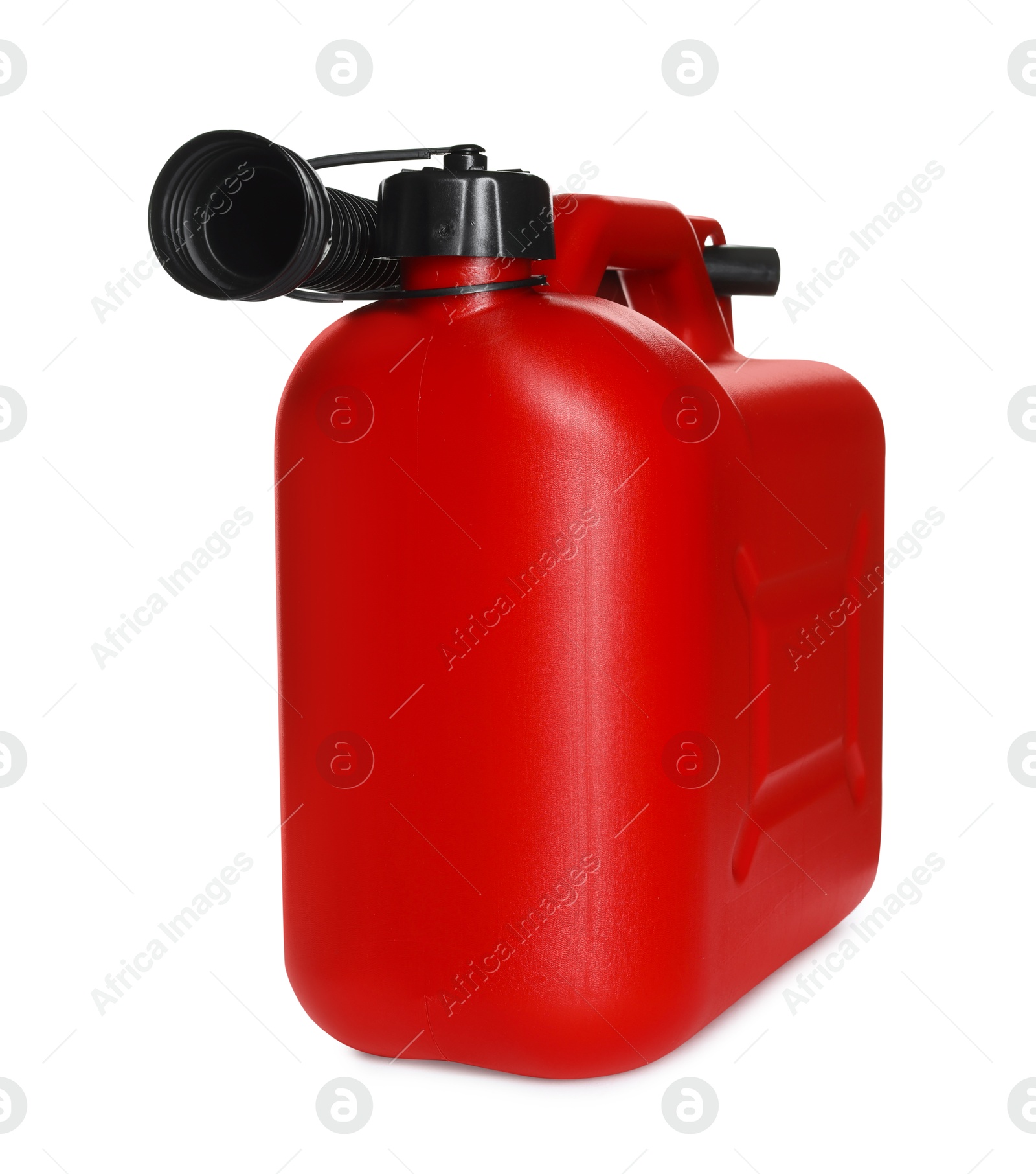 Photo of One red plastic canister with spout on white background