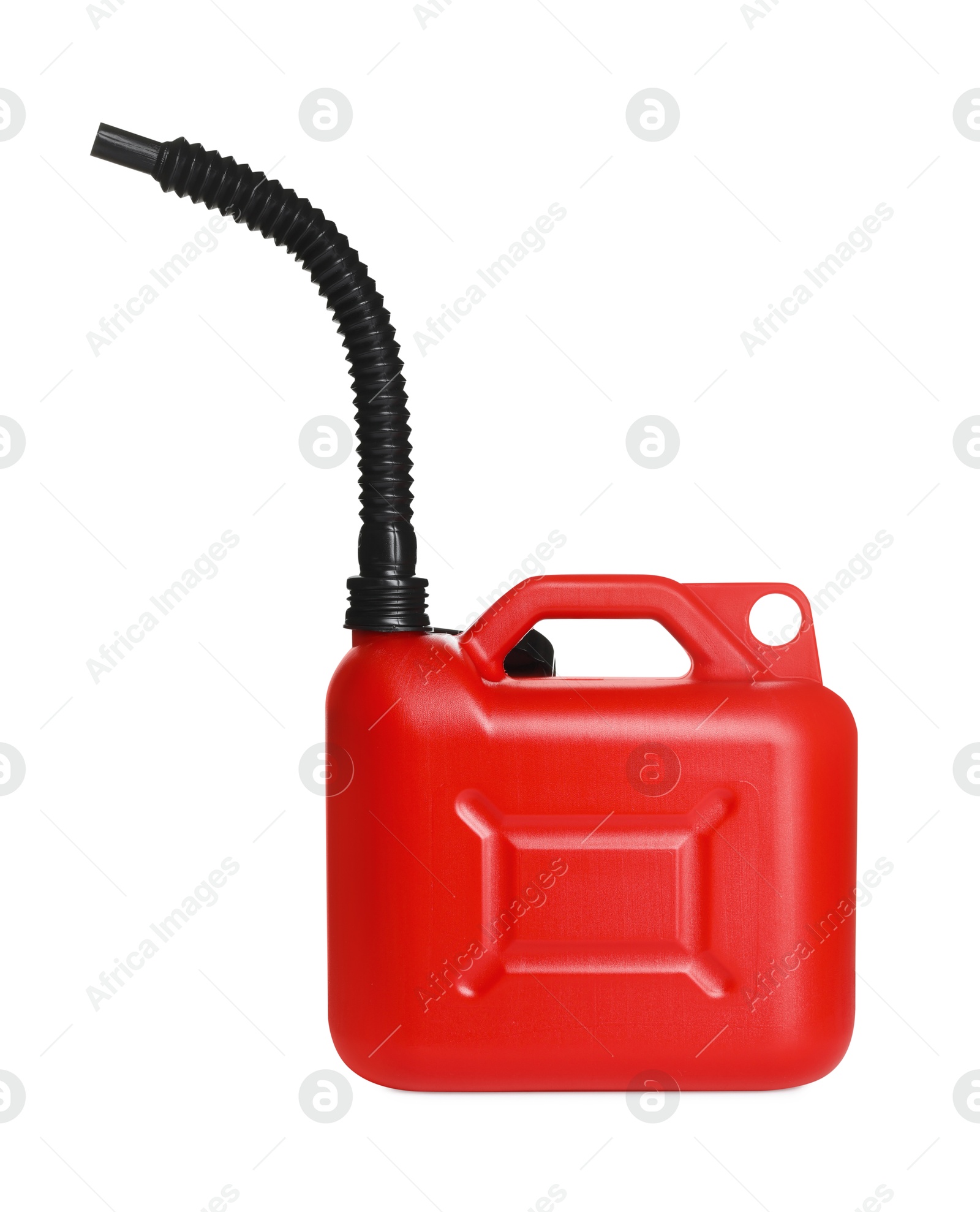 Photo of One red plastic canister with spout on white background