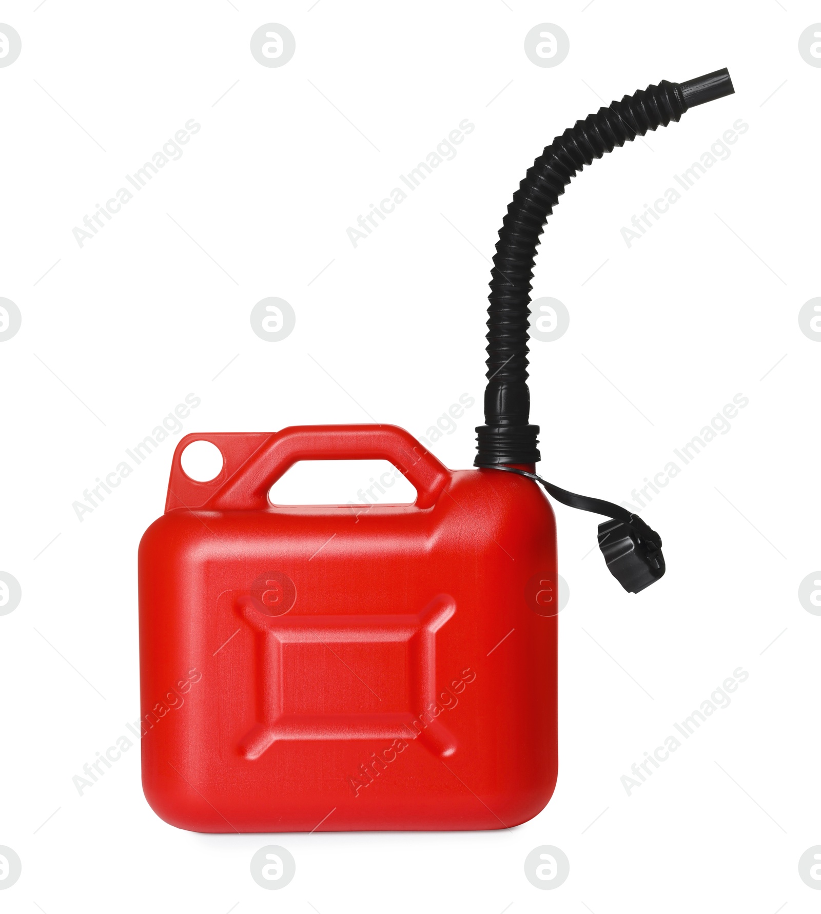 Photo of One red plastic canister with spout on white background