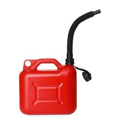 Photo of One red plastic canister with spout on white background